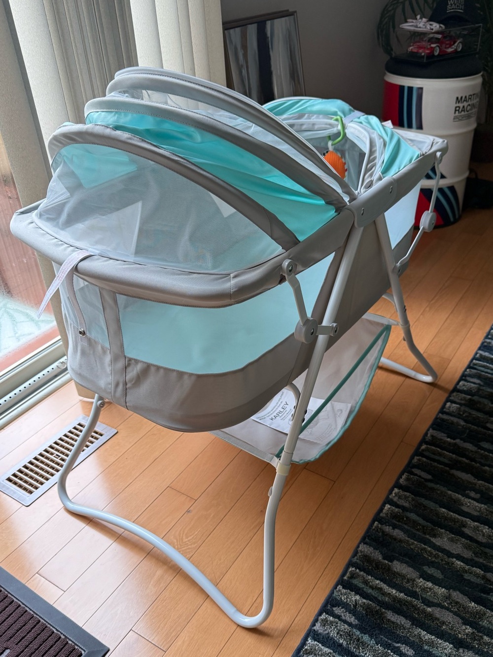 Karley Gray and Light Blue Baby Bassinet with Mesh Canopy
